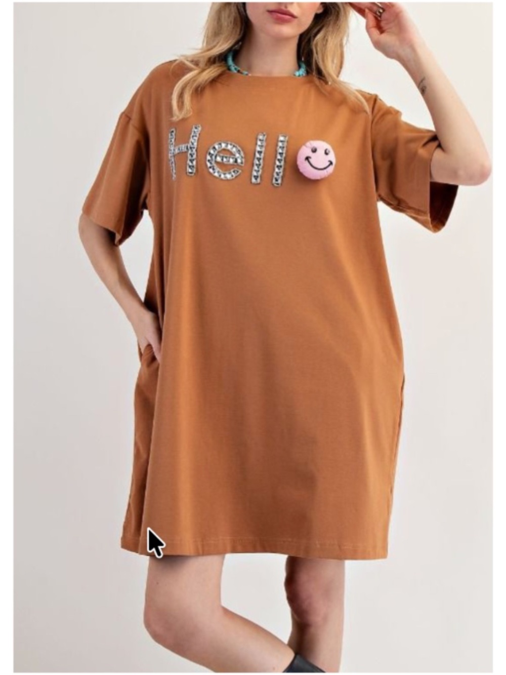 Easel Camel Cotton Loose Fit Rhinestone Hello Short Sleeve Shirt Dress - Picture 3 of 5